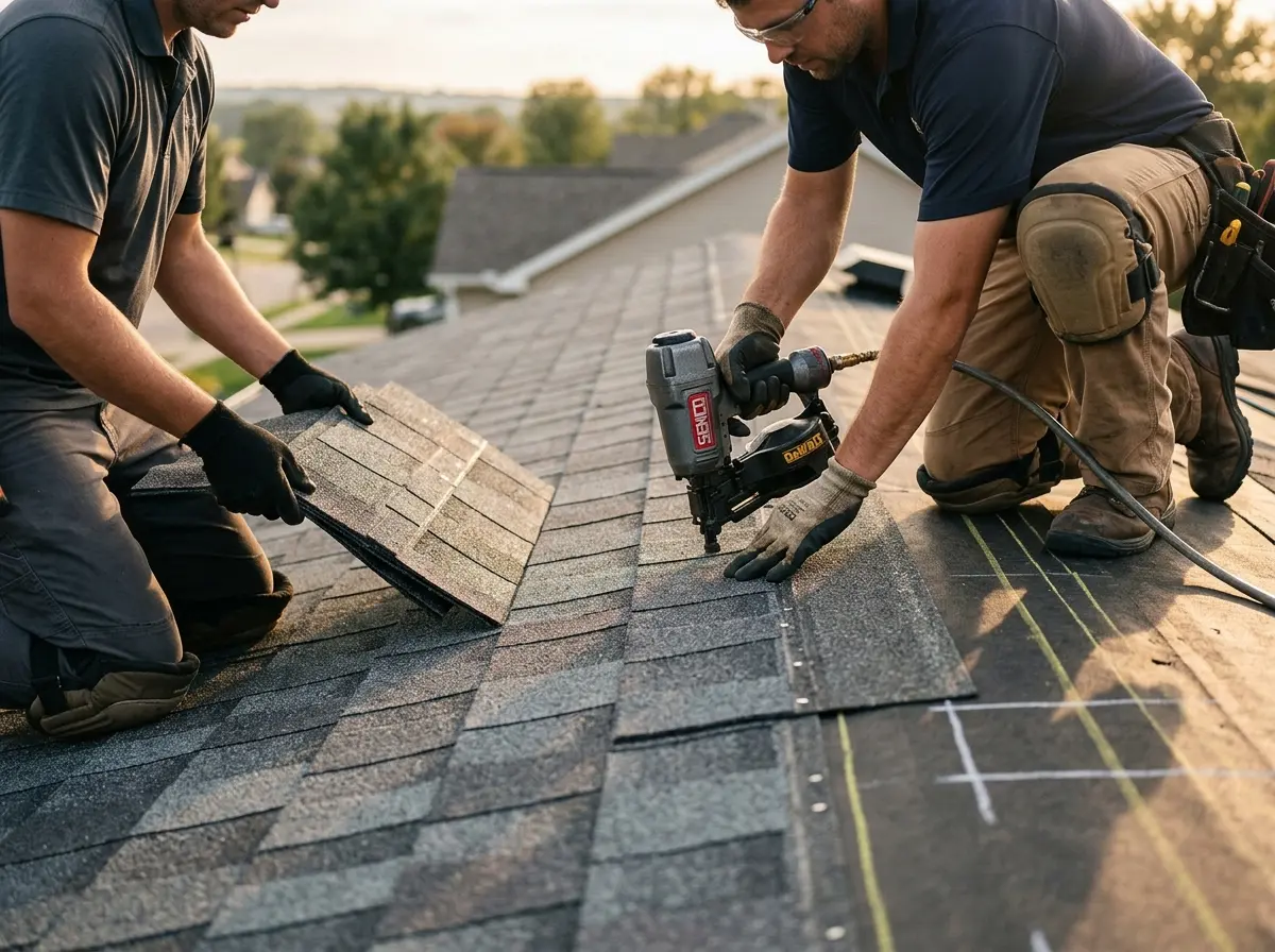 Professional roofer working on a residential roof in Lisbon